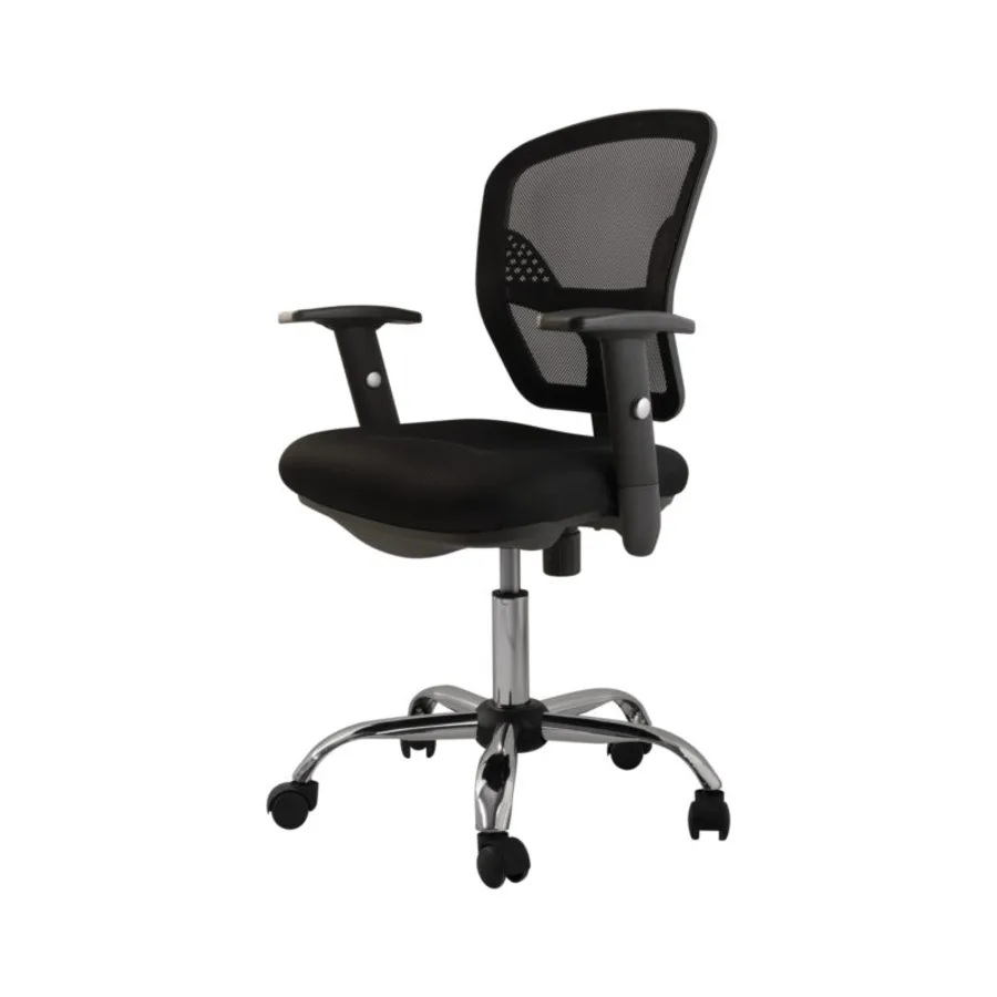 Silla giratoria Prime en malla con base cromada, vista en ángulo