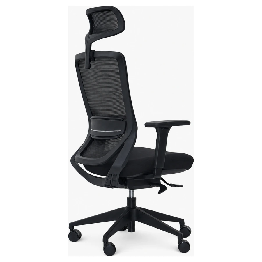 Silla ejecutiva Tilo con cabecero, respaldo alto en malla, vista posterior tres cuartos - Prido