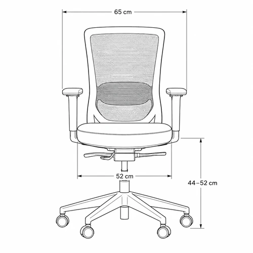 Medidas de la silla ejecutiva Tilo: ancho 65 cm, asiento 52 cm y altura de asiento 44-52 cm - Prido