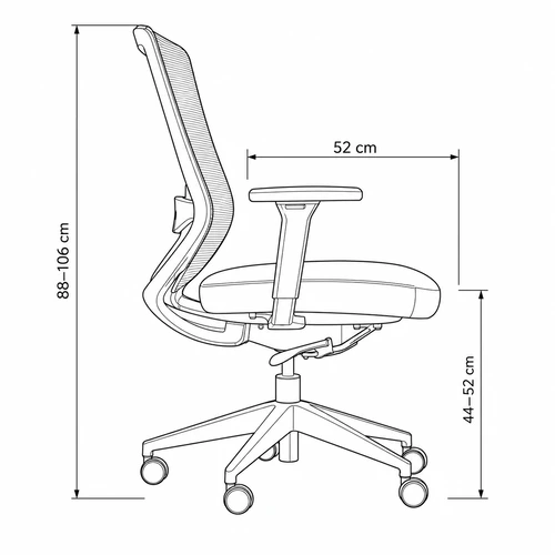 Medidas de la silla ejecutiva Tilo: altura de respaldo 88-106 cm y profundidad de asiento 52 cm - Prido