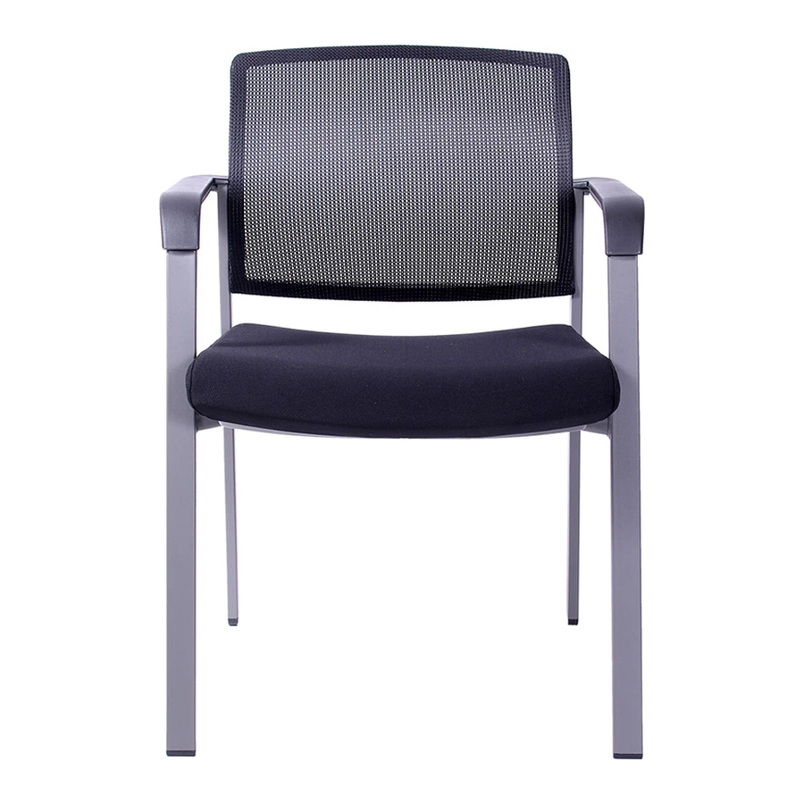 Silla de visita Mirror vista frontal con respaldo de malla negra, asiento tapizado negro y estructura de acero gris de cuatro patas.
