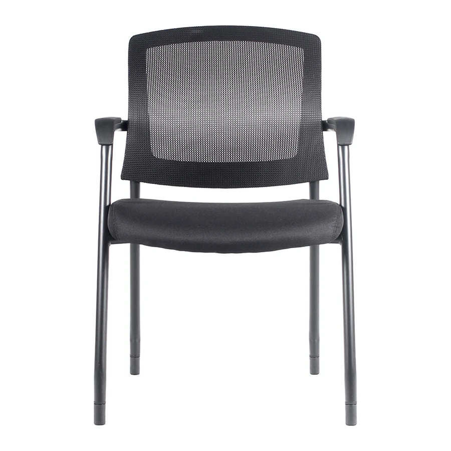 Silla de visita Soul vista frontal con respaldo de malla negra, asiento tapizado negro y estructura de acero negro de cuatro patas tubulares.