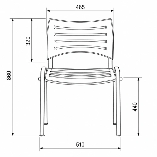 Diagrama de medidas Silla Visita Spring Polipropileno vista frontal: ancho asiento 46,5 cm, base 51 cm, altura piso-asiento 44 cm, altura total 86 cm.