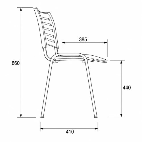 Diagrama de medidas Silla Visita Spring Polipropileno vista lateral: profundidad asiento 38,5 cm, base 41 cm, altura piso-asiento 44 cm, altura total 86 cm.
