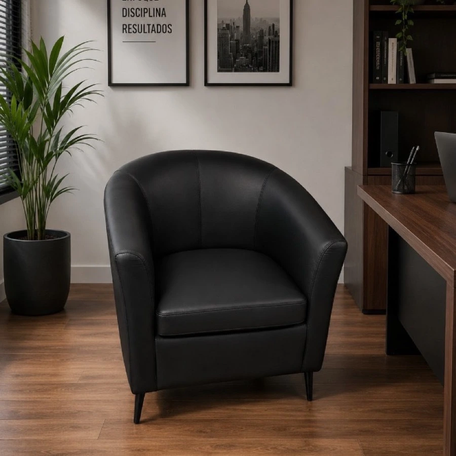 Sofá Paris en oficina moderna con tapiz ecocuero negro, ideal para recepciones y halls de empresas en Chile.