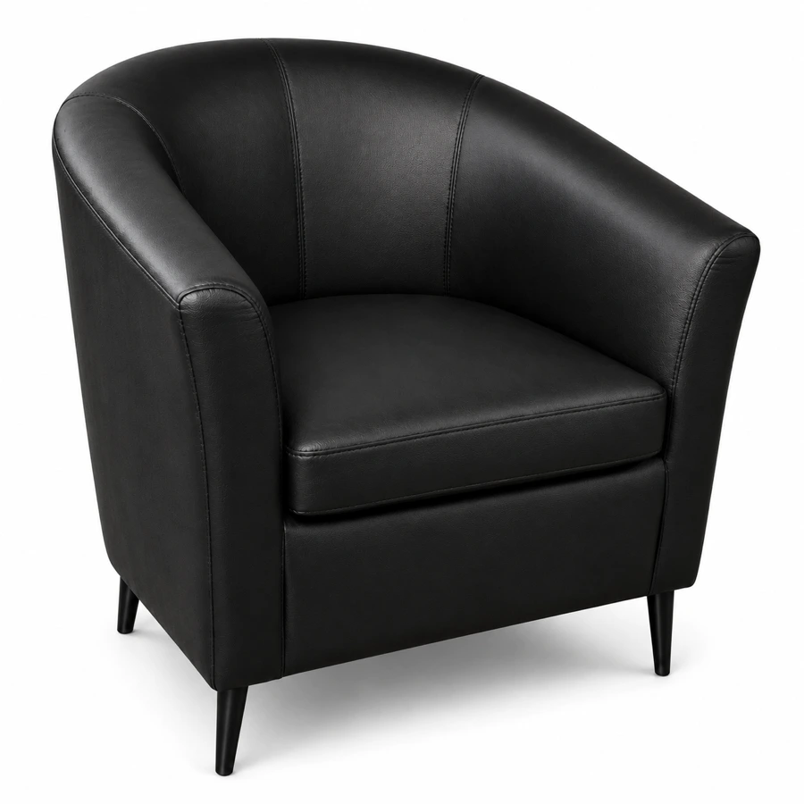 Sofá Paris vista en perspectiva izquierda, poltrona individual en ecocuero negro con patas de madera.