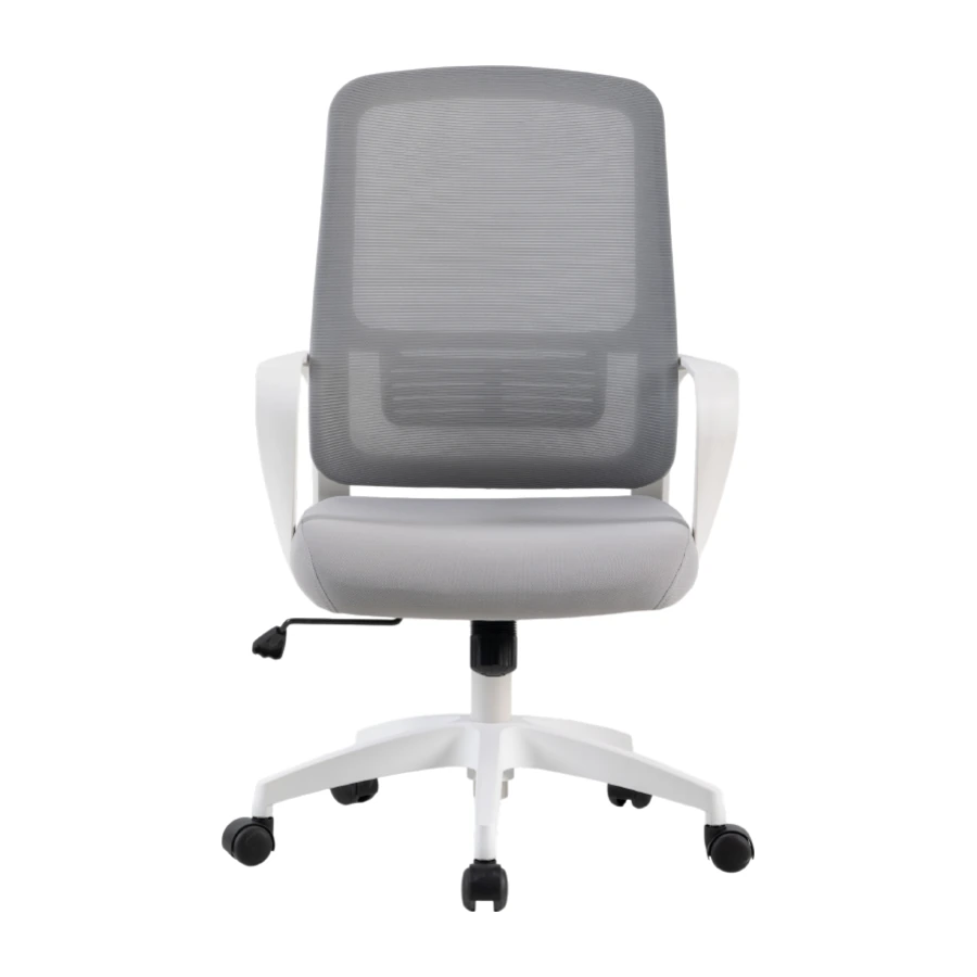 Silla operativa Niza gris con asiento tapizado y apoyabrazos fijos, vista frontal