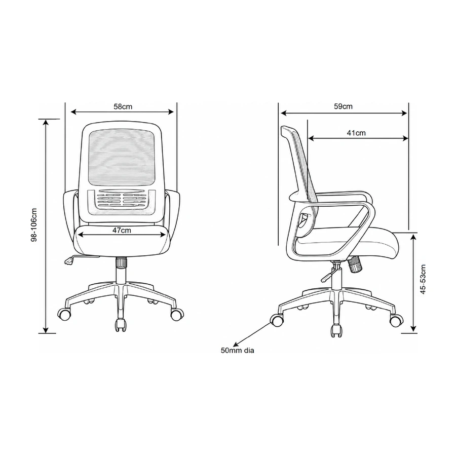 Diagrama de medidas de la silla operativa Niza con dimensiones en centimetros