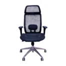 Silla ergonómica Arkadia negra de malla con cabecero fijo y base de aluminio, vista frontal
