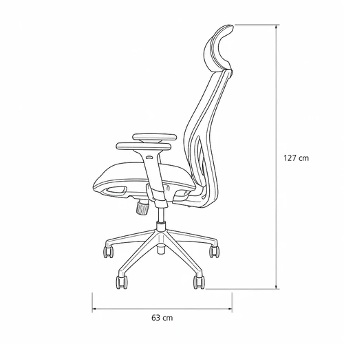 Dibujo técnico de la Silla Ergonómica Arkadia con medidas, vista lateral
