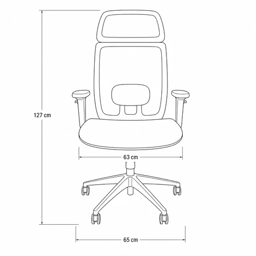 Dibujo técnico de la Silla Ergonómica Arkadia con medidas, vista frontal