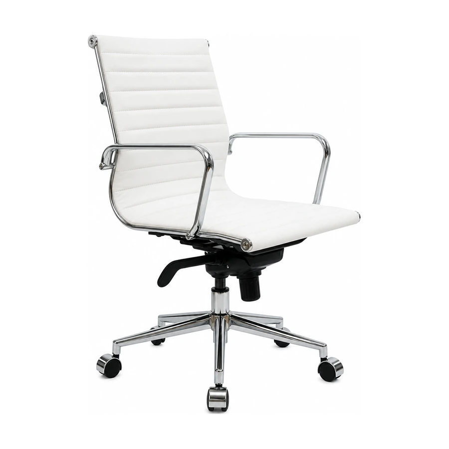 Silla gerencial Bishop Baja blanca con brazos cromados, vista tres cuartos hacia la derecha