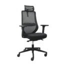 Silla ejecutiva Rolla negra con respaldo de malla, apoyacabezas y base de nylon, vista frontal 3/4.