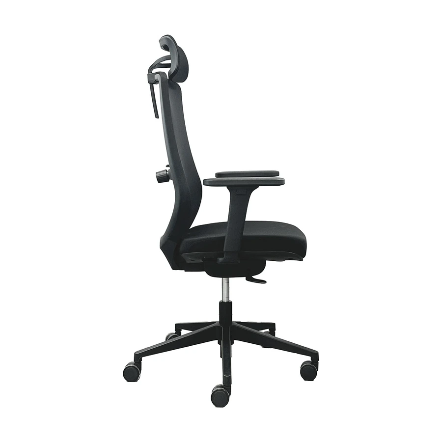 Silla ejecutiva Rolla, vista lateral con respaldo de malla alto y brazos regulables 3D.