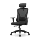Silla ergonómica Kannia negra de malla con cabecero regulable y base de polipropileno, vista tres cuartos