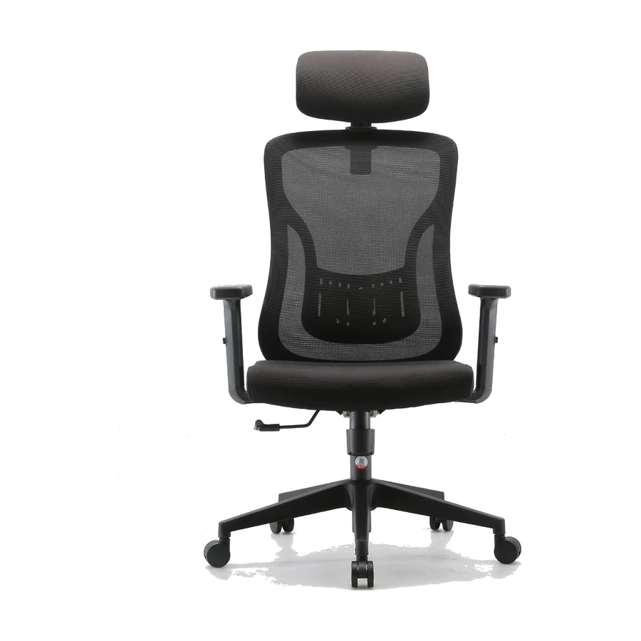 Silla ergonómica Kannia negra de malla con cabecero regulable, vista frontal