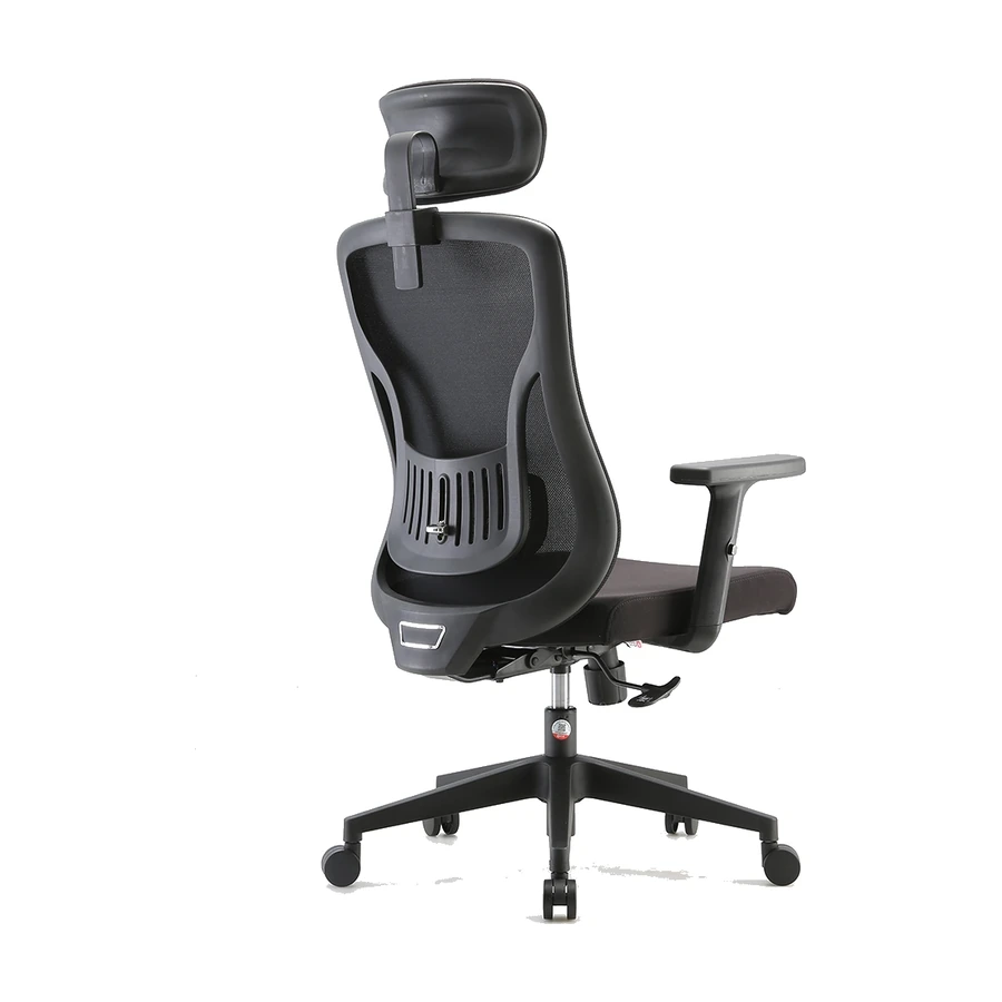 Silla ergonómica Kannia negra de malla, vista posterior tres cuartos