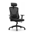 Silla ergonómica Kannia negra de malla con cabecero regulable y base de polipropileno, vista tres cuartos