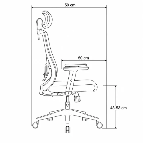 Dibujo técnico de la Silla Ergonómica Kannia con medidas, vista lateral