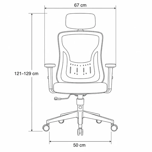 Dibujo técnico de la Silla Ergonómica Kannia con medidas, vista frontal