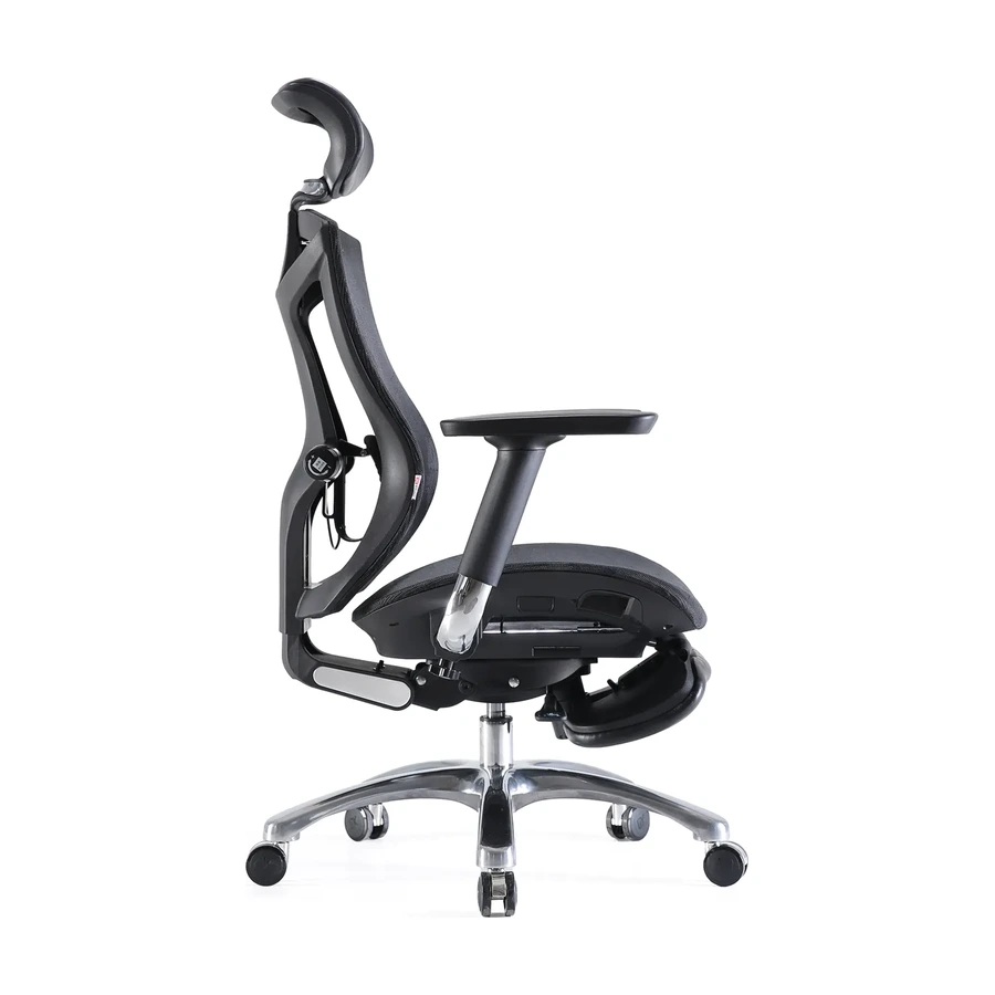 Silla ergonómica Karatza de malla, vista de perfil con apoyapiés extraíble
