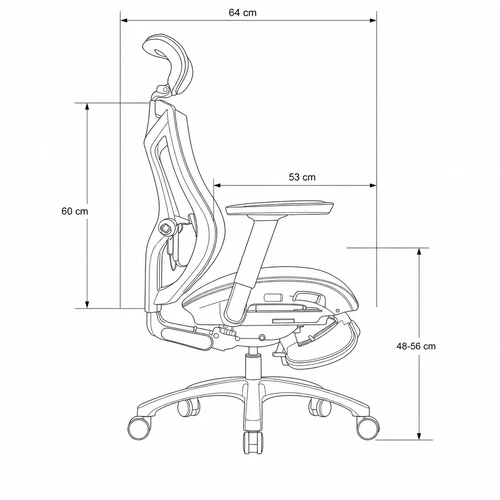 Dibujo técnico de la Silla Ergonómica Karatza con medidas, vista lateral