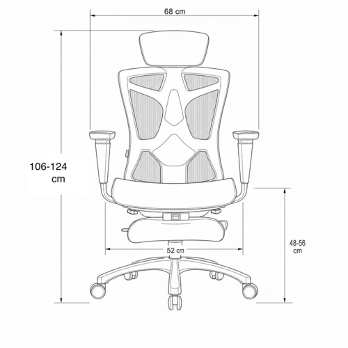 Dibujo técnico de la Silla Ergonómica Karatza con medidas, vista frontal
