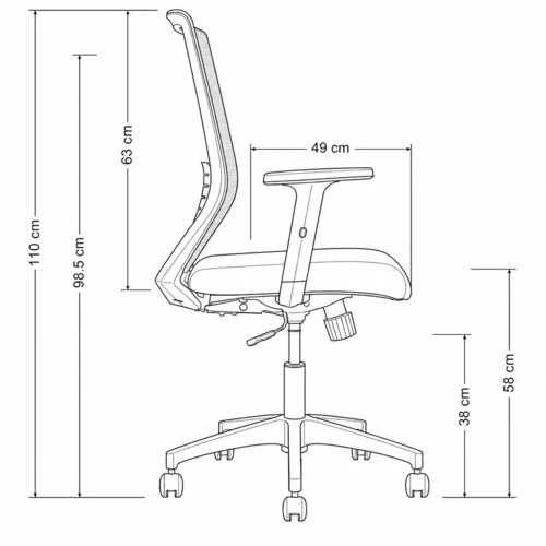 Dibujo técnico de la Silla Operativa Gent con medidas, vista lateral