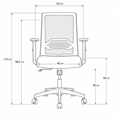 Dibujo técnico de la Silla Operativa Gent con medidas, vista frontal