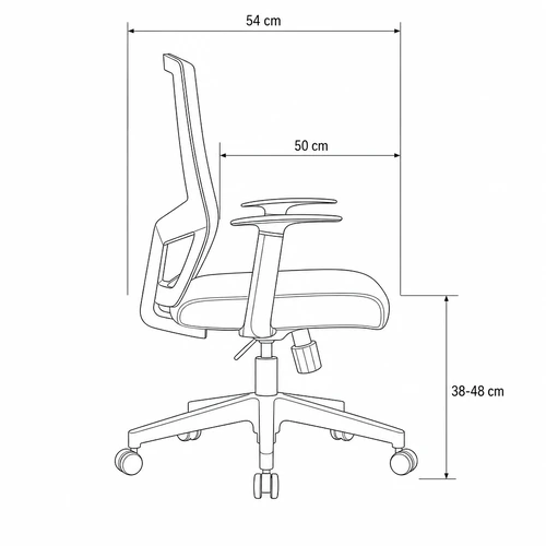 Dibujo técnico de la Silla Ergonómica Quios con medidas, vista lateral