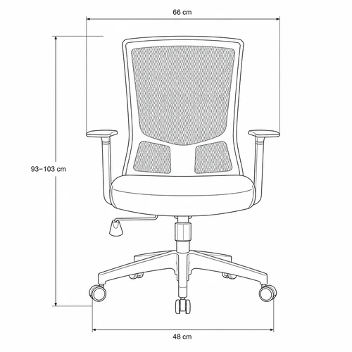 Dibujo técnico de la Silla Ergonómica Quios con medidas, vista frontal