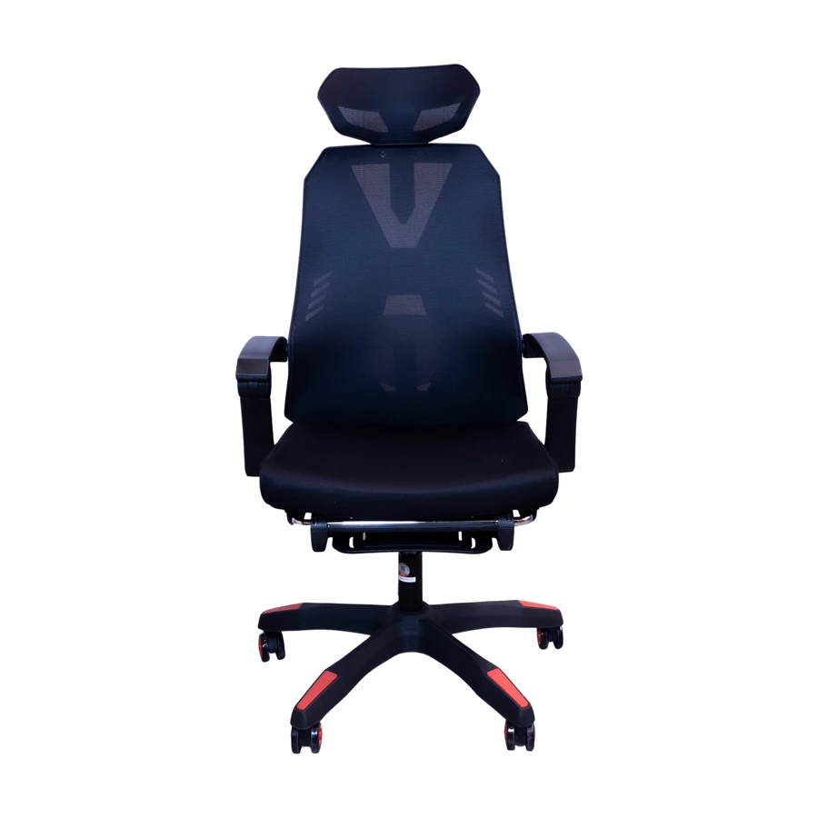 Silla gamer ergonómica Zanni negra con acentos rojos, vista frontal