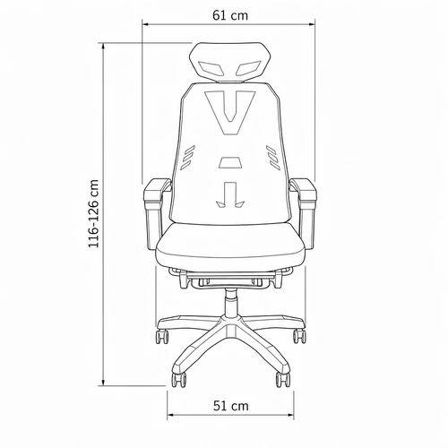 Dibujo técnico de la Silla Gamer Ergonómica Zanni con medidas, vista frontal