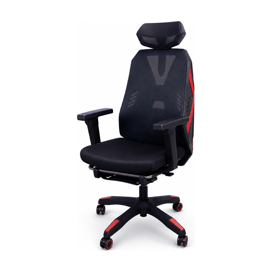 Silla gamer ergonómica Zanni negra con acentos rojos y cabecero regulable, vista tres cuartos