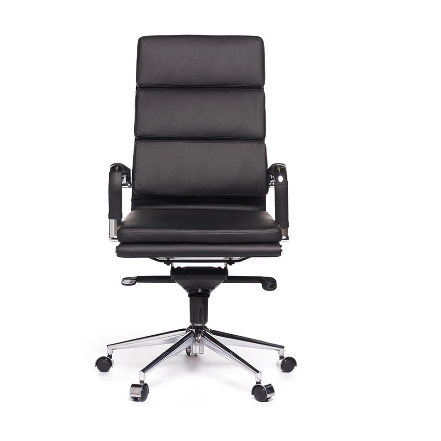 Sillón gerencial Priamo Alto negro, vista frontal con respaldo alto de tres cojines en ecocuero y base estrella cromada