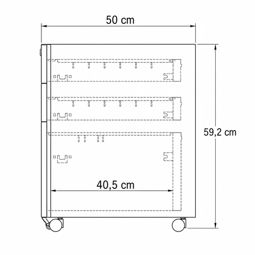 Dibujo técnico de la Cajonera Cala con medidas, vista lateral