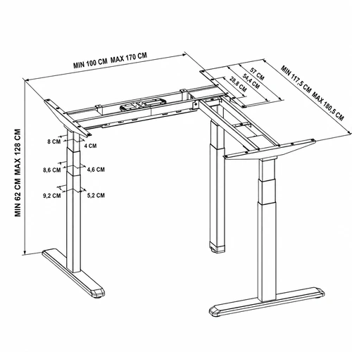 Dibujo técnico isométrico del escritorio en L Delta con todas sus medidas: lados 100-170 y 117,5-180,5 cm, altura 62-128 cm