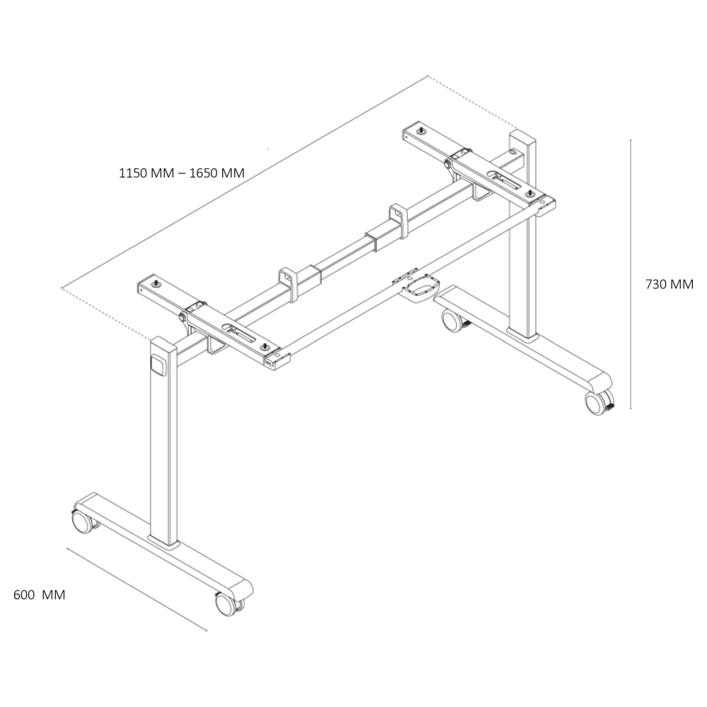 Dibujo tecnico de la Estructura Abatible Match con medidas: largo regulable 1150 a 1650 mm, altura 730 mm y profundidad 600 mm