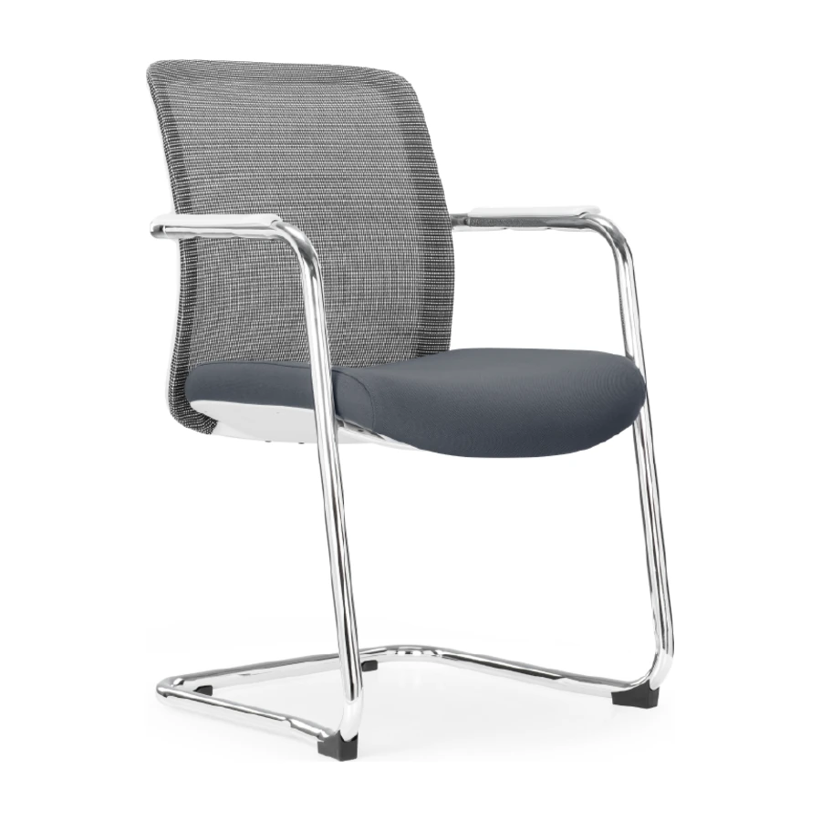 Silla de reunión Koi Trineo gris con base cromada y malla gris, vista tres cuartos - Prido