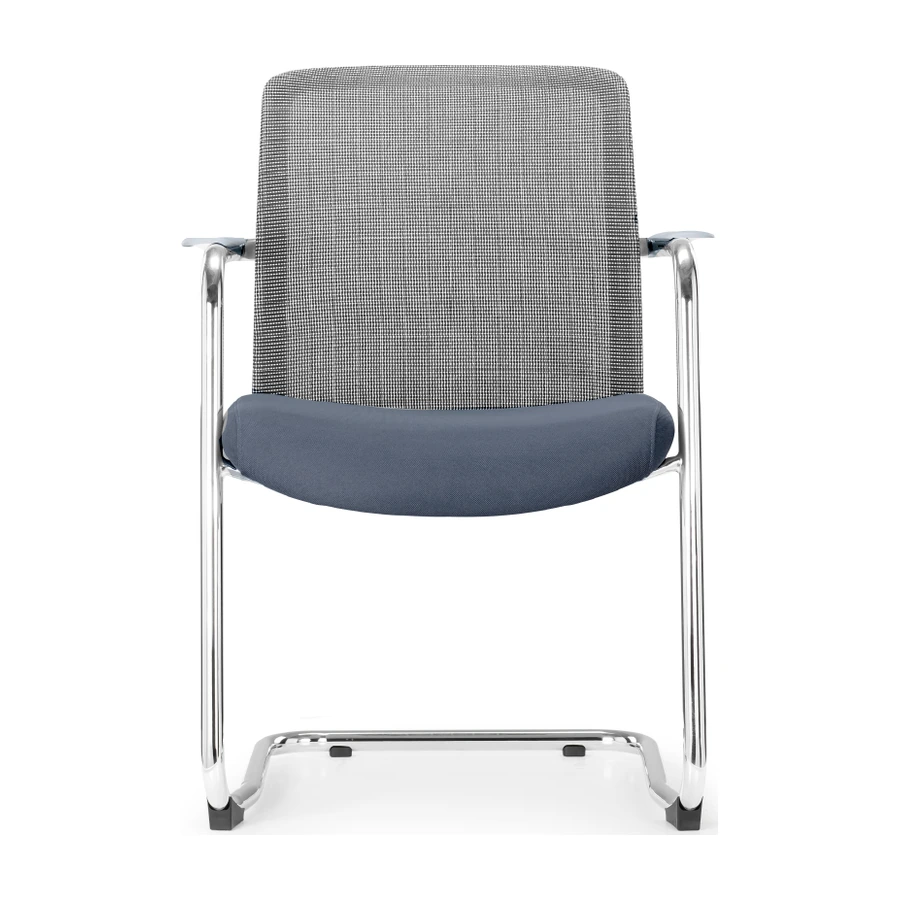Silla de reunión Koi Trineo gris con asiento tapizado azul y base cromada, vista frontal - Prido