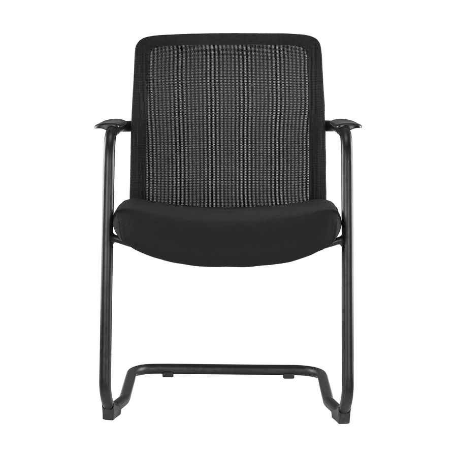Silla de reunión Koi Trineo negra con asiento tapizado y apoyabrazos, vista frontal - Prido