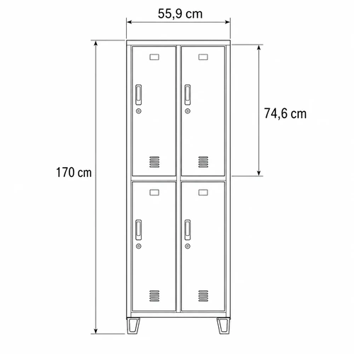 Dibujo técnico del locker metálico de 4 puertas con medidas, vista frontal