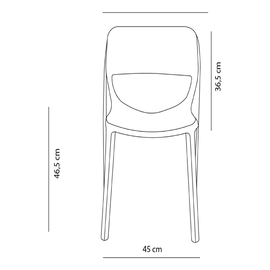 Diagrama de medidas frontal de la silla Diana sin brazos - Prido