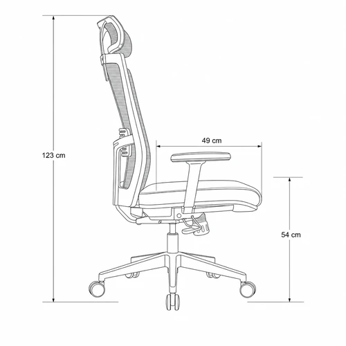 Dibujo técnico de la Silla Ejecutiva Khaus con medidas, vista lateral