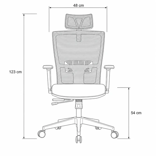 Dibujo técnico de la Silla Ejecutiva Khaus con medidas, vista frontal