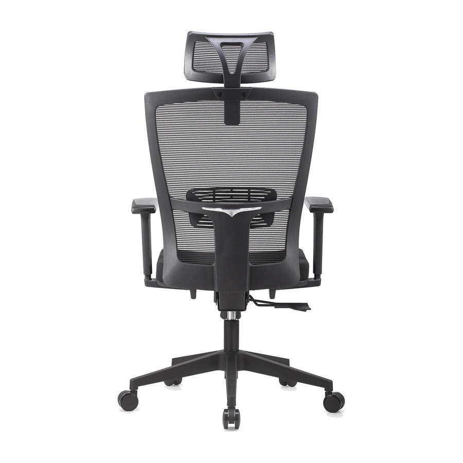 Silla ejecutiva Khaus, vista trasera del respaldo en malla y base de nylon