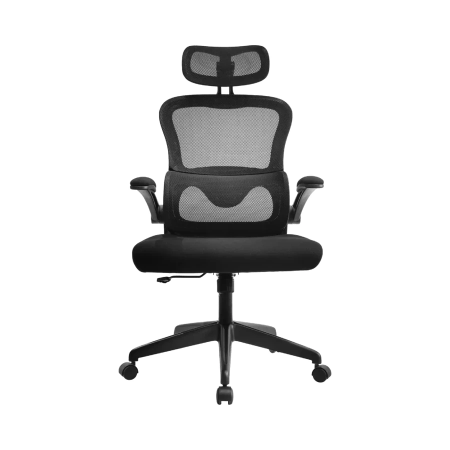 Silla ergonómica Ergo-One negra con respaldo de malla y cabecero regulable, vista frontal - Prido