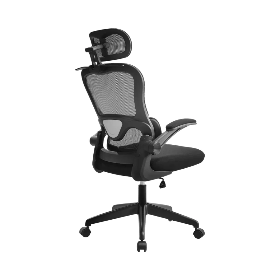 Silla ergonómica Ergo-One negra con respaldo de malla, vista tres cuartos trasera - Prido
