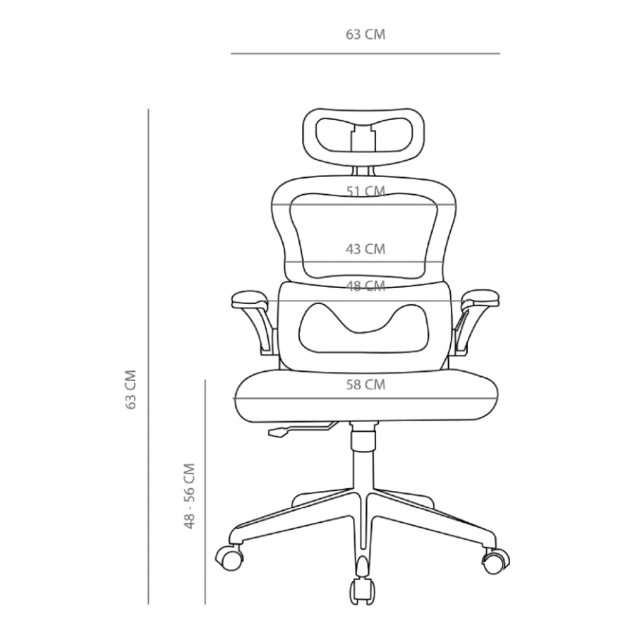 Diagrama de medidas frontal de la silla ergonómica Ergo-One - Prido