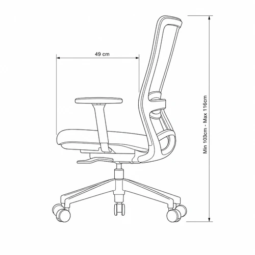 Dibujo técnico de la Silla Lua con medidas, vista lateral